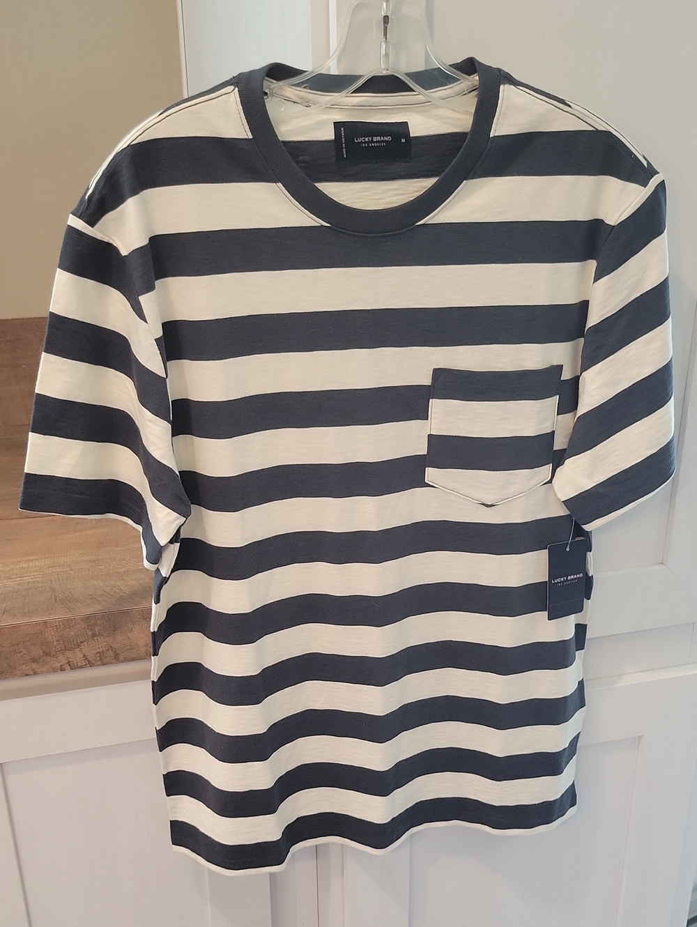 Lucky Brand Navy and Cream Striped Short-Sleeve Pocket Tee